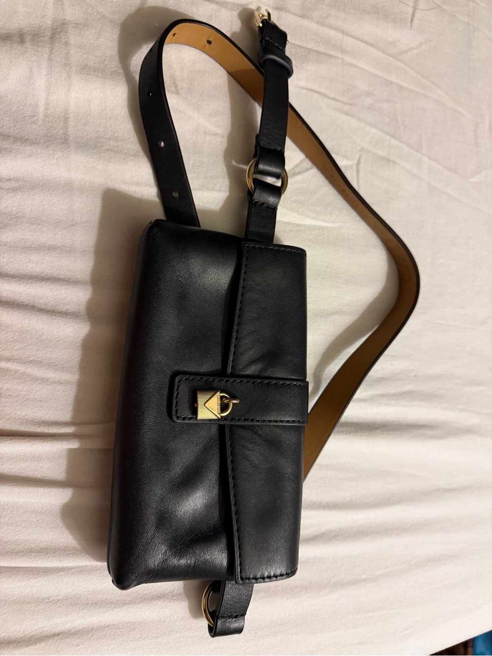 Michael Kors Black Leather Crossbody Belt Bag with Gold Hardware